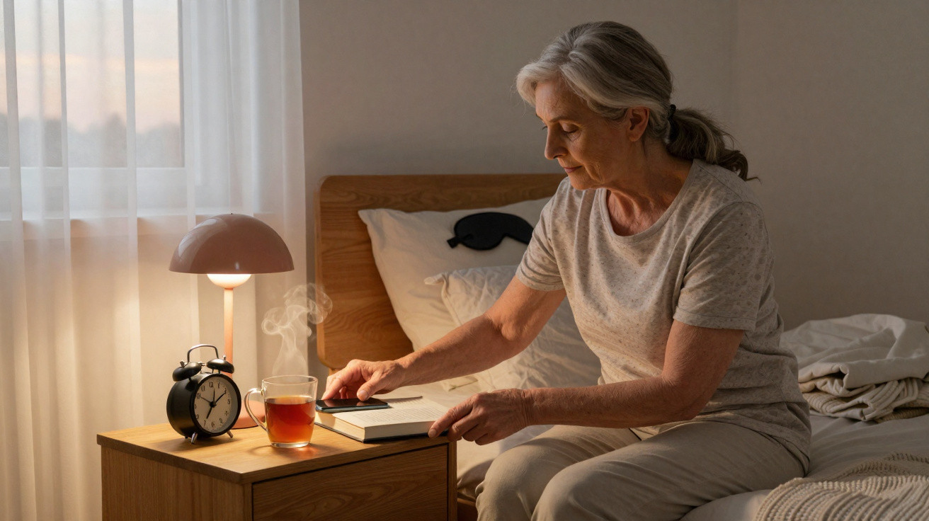 Senhora idosa sentada na cama a desligar um despertador numa mesa de cabeceira com chá quente.