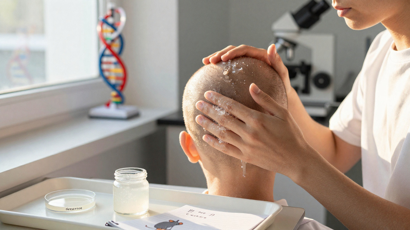 Pessoa a aplicar gel na cabeça de outra numa consulta médica, com microscópio e modelo de ADN ao fundo.