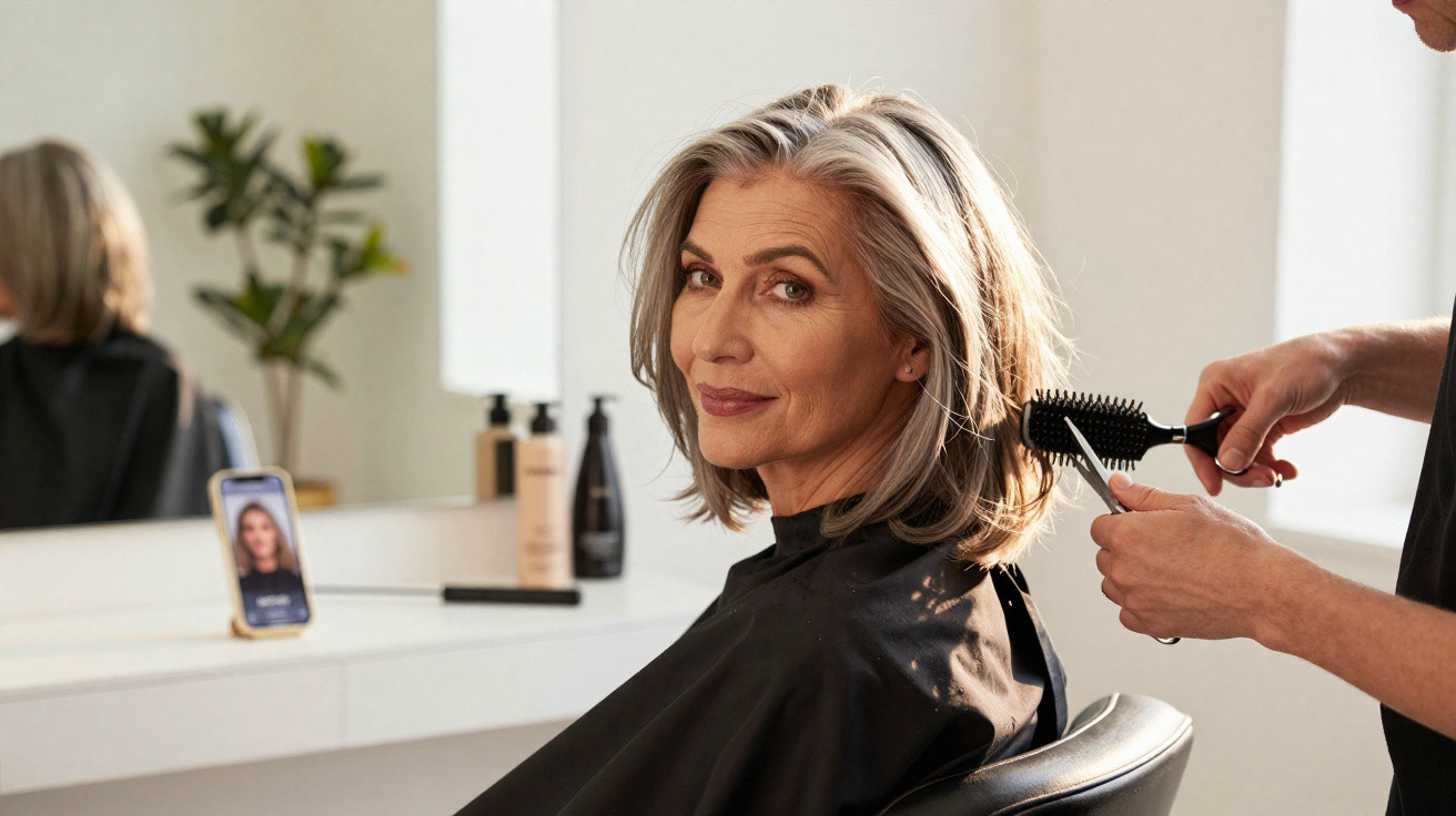 Mulher de cabelo grisalho a ser penteada num salão de cabeleireiro, sentada numa cadeira com capa preta.