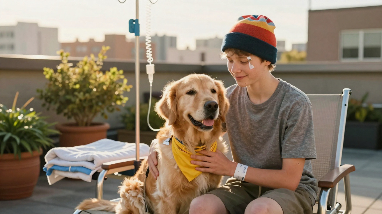 Jovem com inserções hospitalares sentado ao lado de cão therapy golden retriever num pátio.