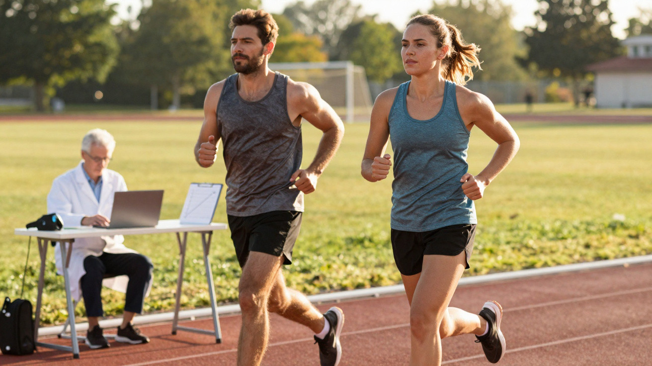 Homem e mulher a correr numa pista de atletismo com médico a observar e anotar num caderno ao fundo.