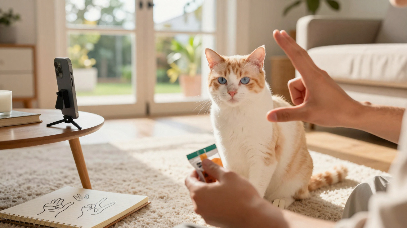 Gato branco e castanho sentado numa sala iluminada enquanto uma pessoa lhe mostra comandos com as mãos.