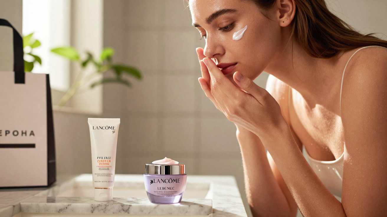 Mulher aplica creme no rosto ao lado de produtos de skincare Lancôme numa bancada de mármore.