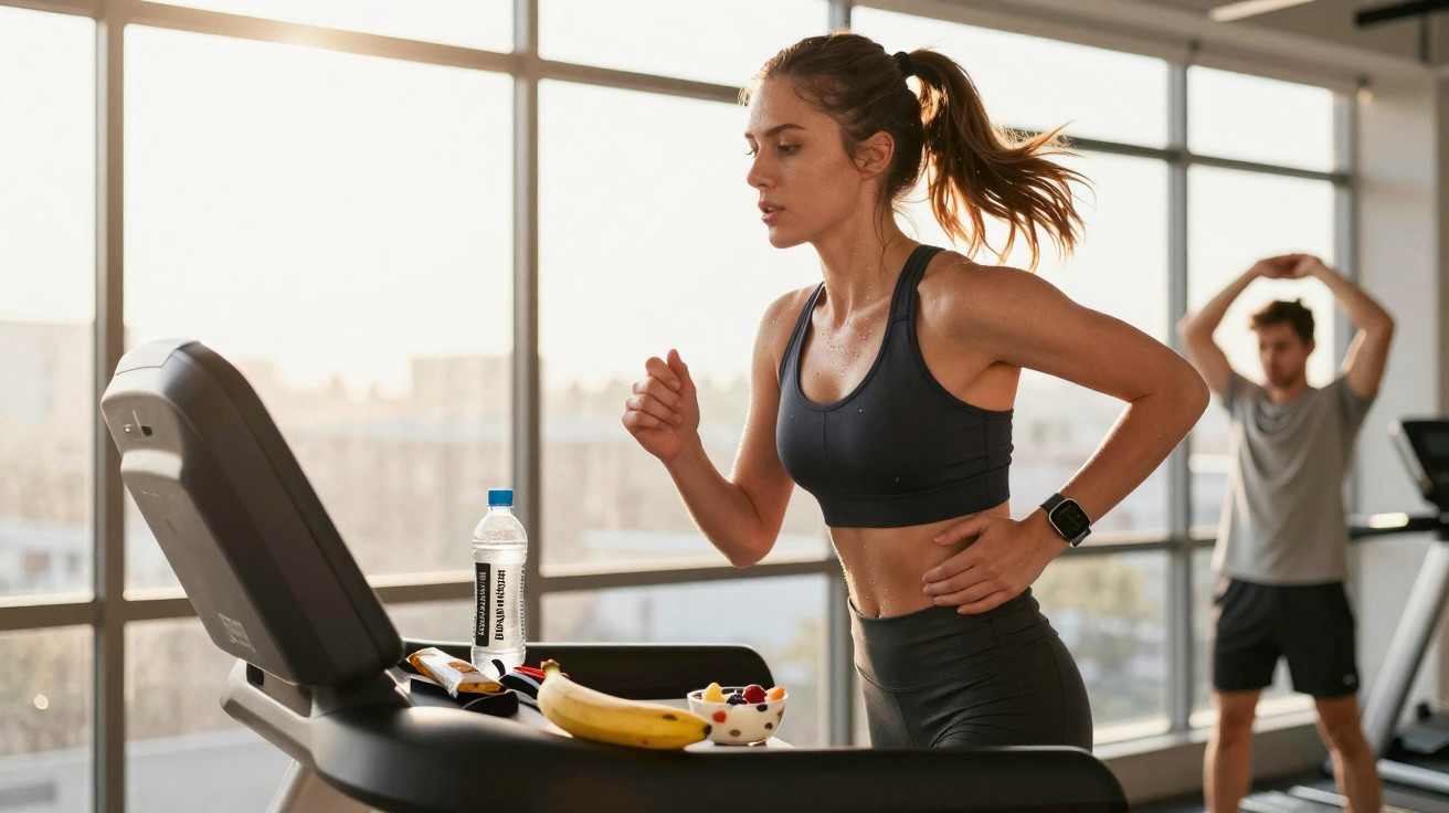 Mulher a correr numa passadeira numa ginásio com garrafa de água, banana e taça de frutas por perto.