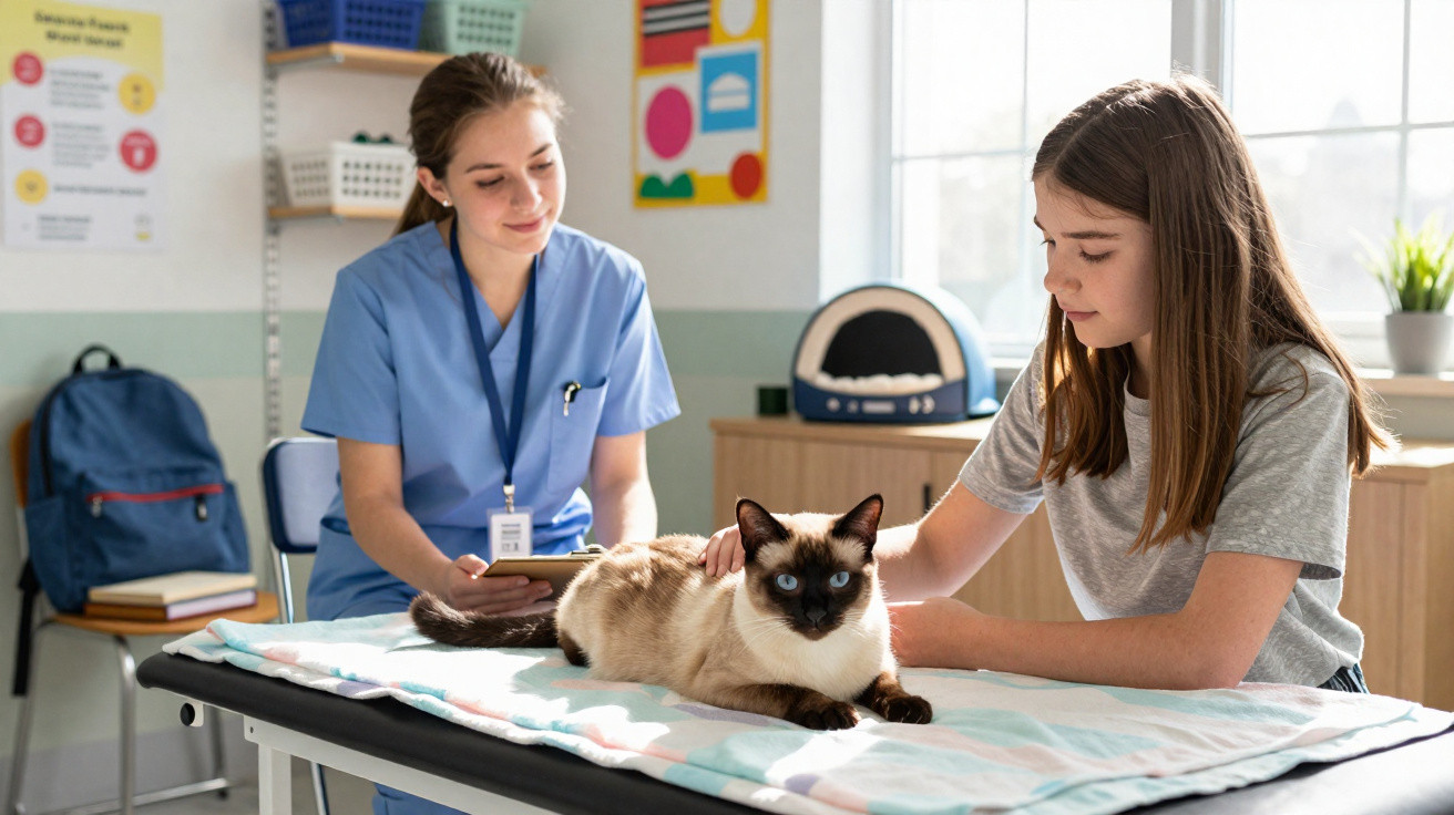 Jovem a acariciar gato Siamês num consultório veterinário com profissional de saúde a observar.