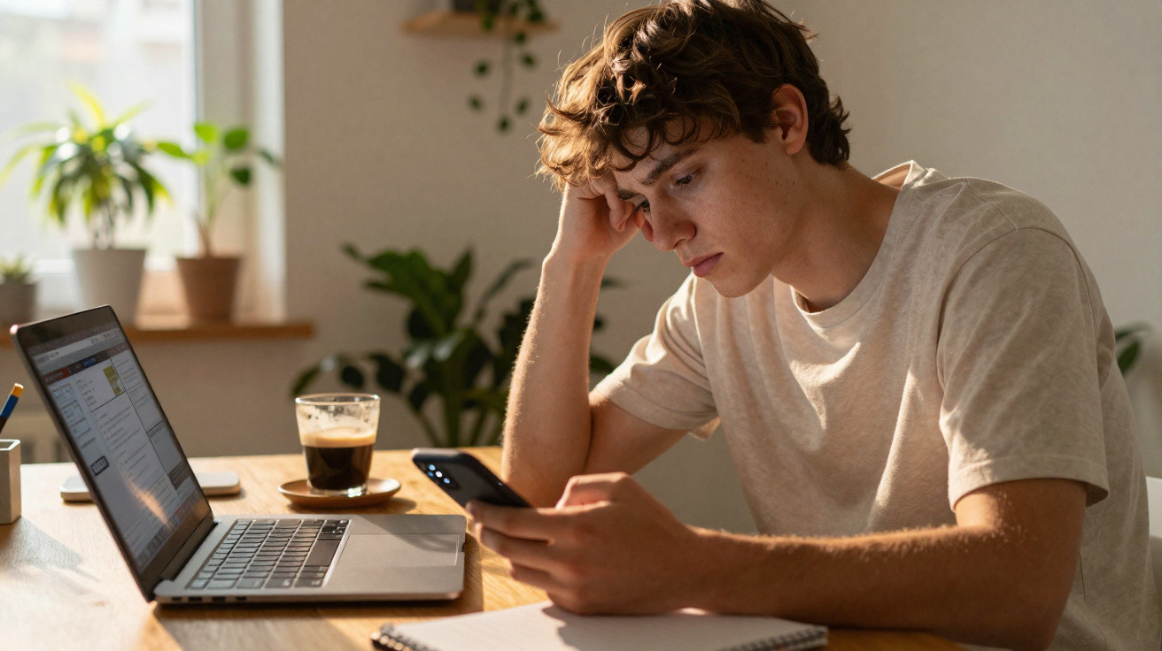 Jovem sentado à mesa com computador portátil, concentrado a olhar para o telemóvel, com chávena de café ao lado.