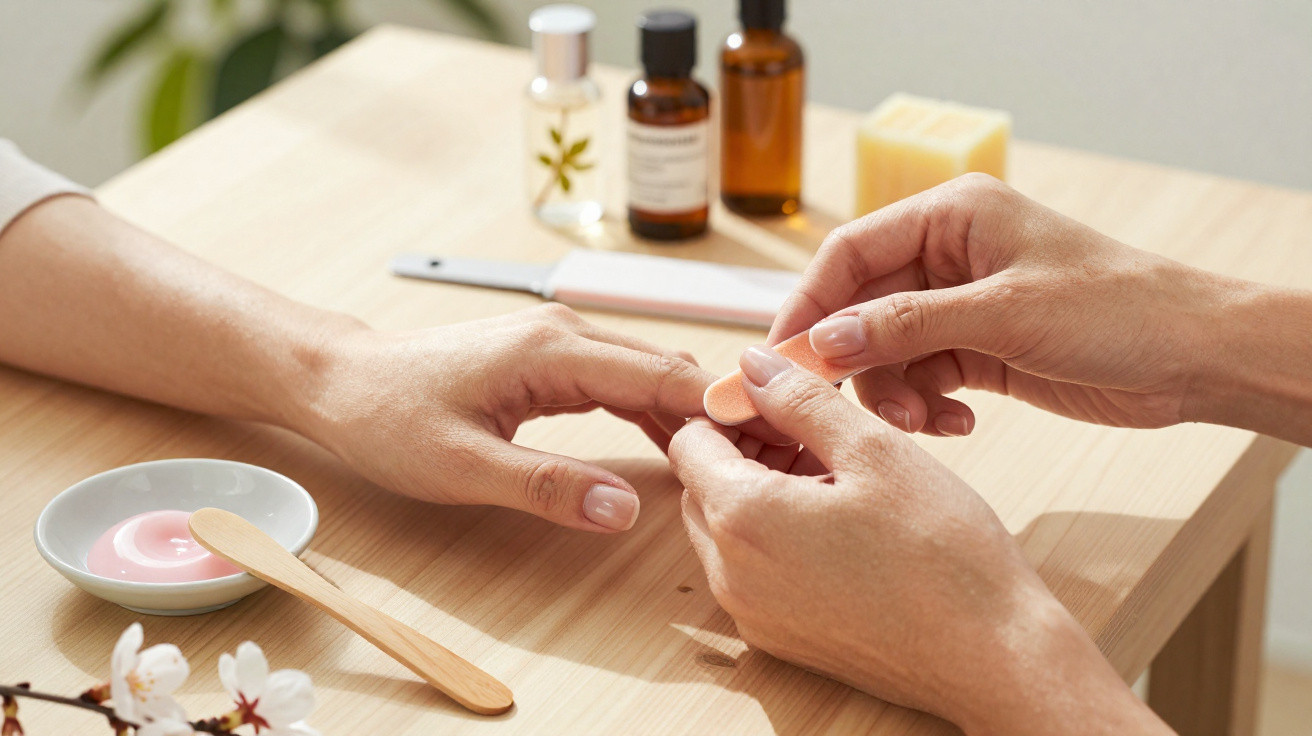 Pessoa a limar as unhas de outra numa mesa com utensílios de manicure e frascos de cosméticos.