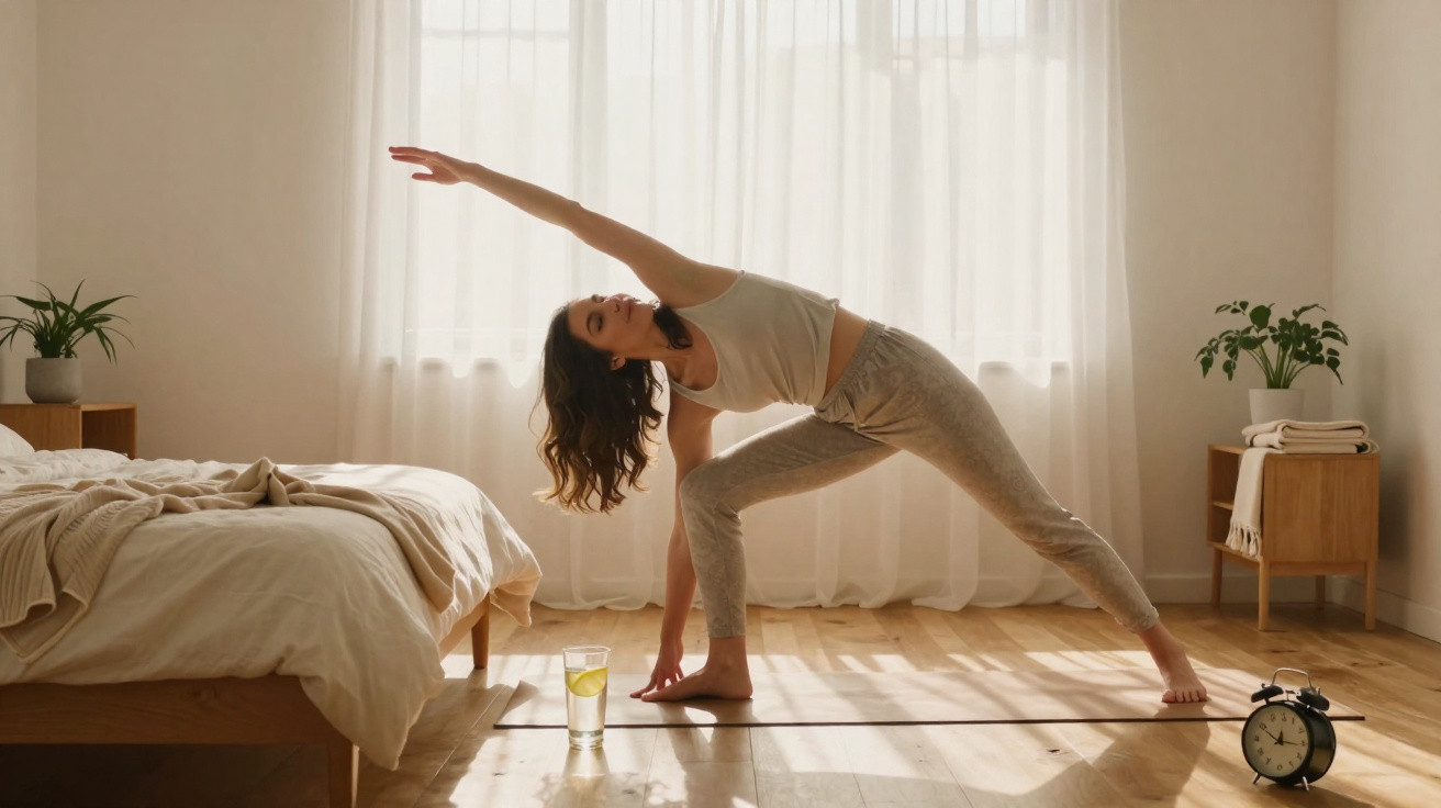 Mulher a praticar yoga em quarto luminoso, com roupa confortável, perto da cama e um copo de água.
