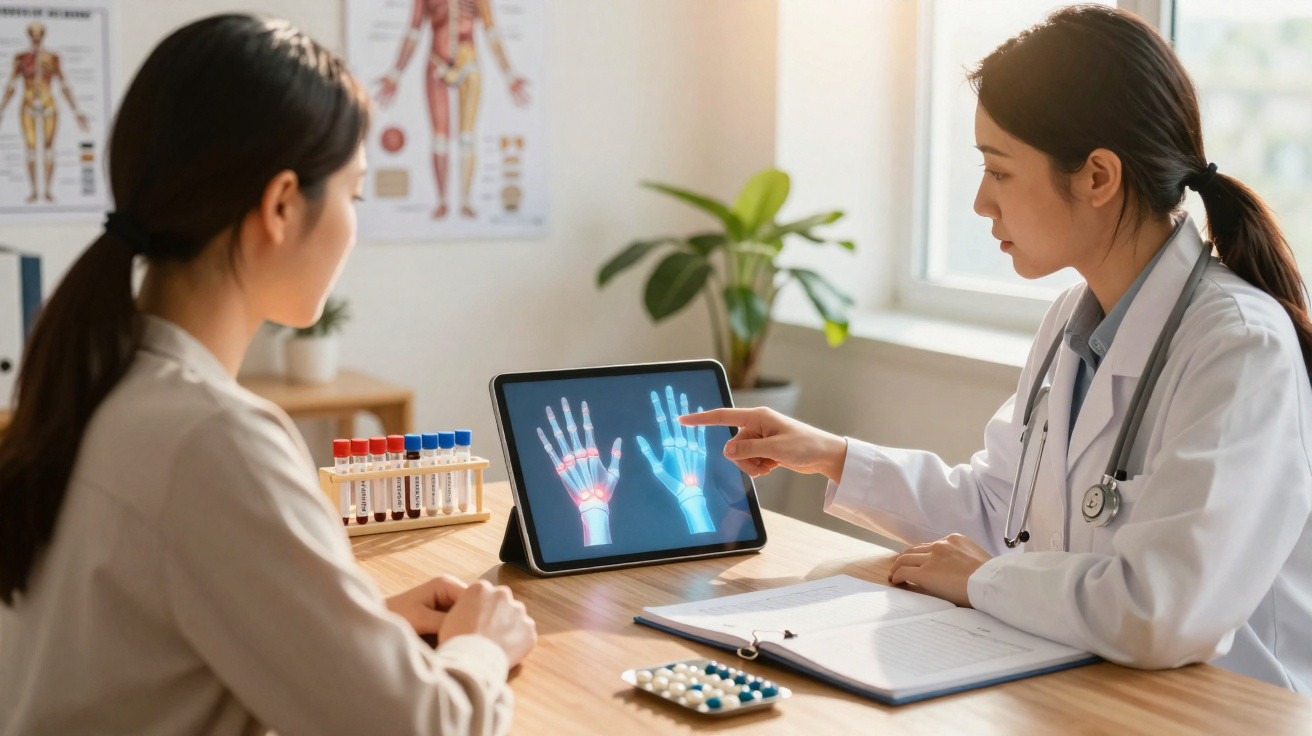 Médica a mostrar radiografia das mãos a paciente numa consulta, com amostras de sangue e medicação na mesa.