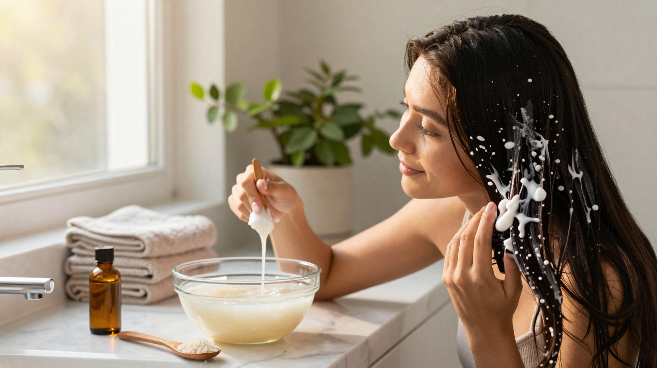 Mulher aplica máscara caseira de cabelo sentada junto a uma janela com toalhas e plantas ao fundo.