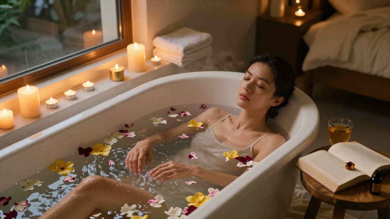 Mulher relaxa numa banheira com água e flores, rodeada por velas acesas num ambiente tranquilo.