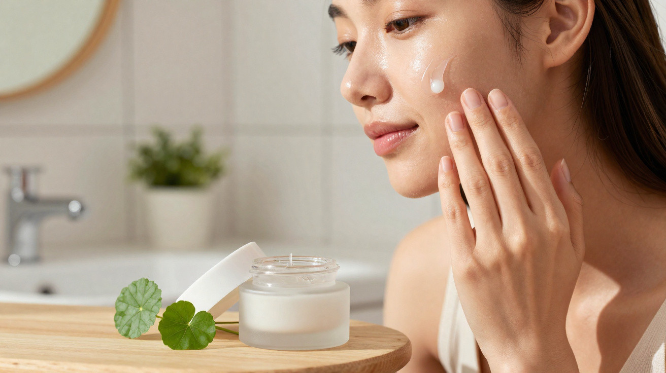 Mulher a aplicar creme hidratante no rosto, junto a frasco branco e planta verde num ambiente de casa de banho.