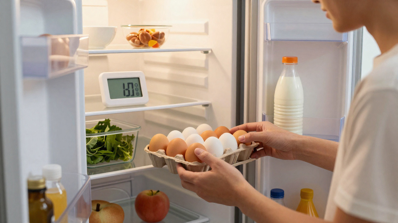 Pessoa a colocar tabuleiro com ovos dentro de frigorífico aberto com outros alimentos visíveis.