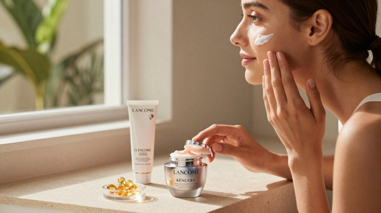 Mulher a aplicar creme de rosto com produtos Lancome numa superfície junto à janela numa manhã iluminada.