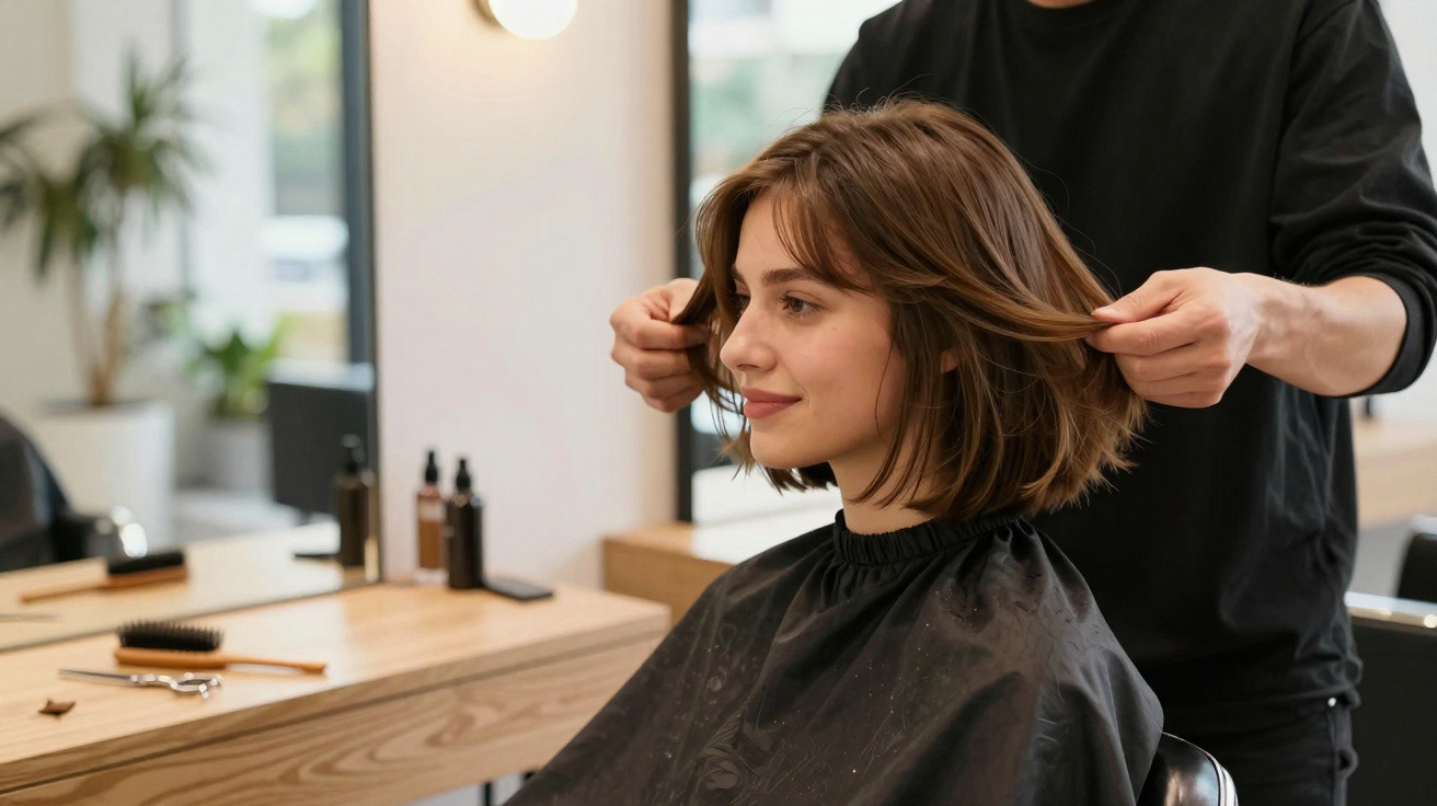 Mulher a sorrir sentada no cabeleireiro enquanto profissional arranja o seu cabelo castanho curto.