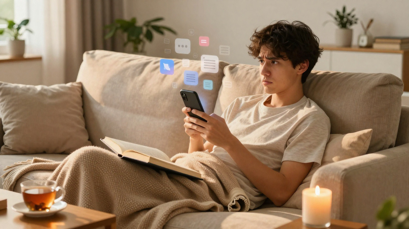 Jovem sentado no sofá a usar telemóvel, com livro aberto e chá numa mesa ao lado.