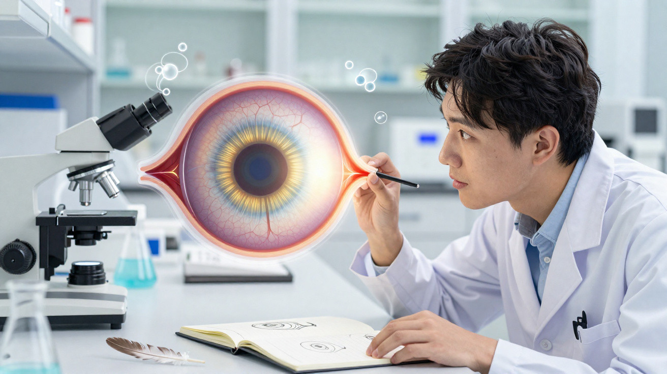 Cientista em laboratório a examinar um olho gigante flutuante com ferramentas e um microscópio próximo.