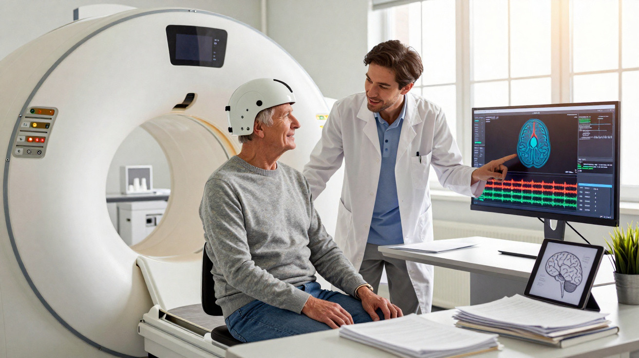 Idoso em clínica neurológica recebe explicações do médico sobre exame cerebral num monitor ao lado de equipamento de ressonân