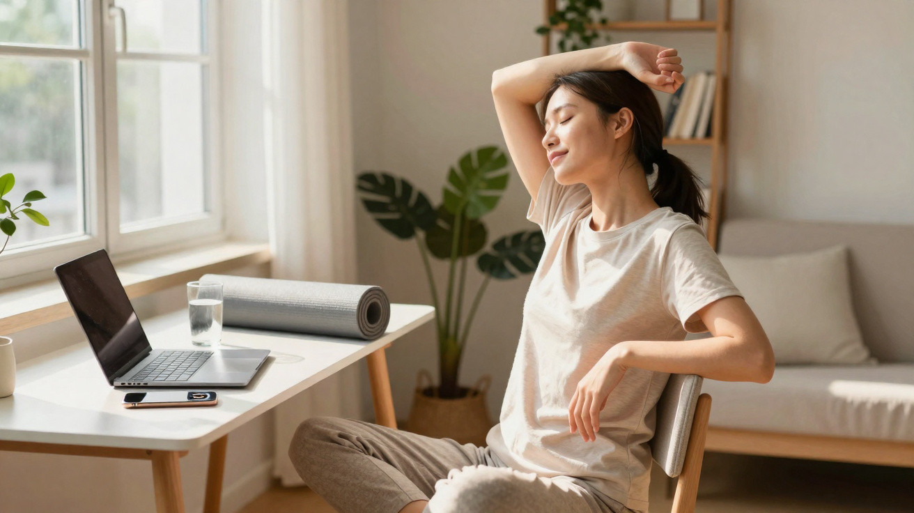 Mulher sentada esticando-se junto a secretária com computador portátil e tapete de yoga.