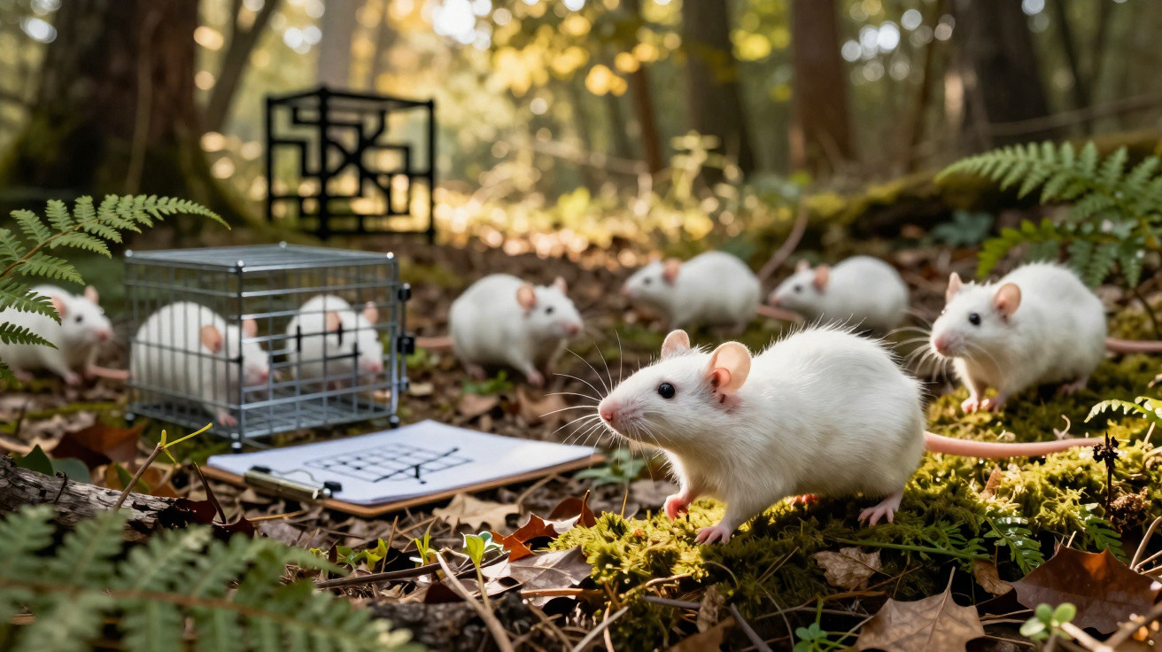 Ratos brancos em floresta, alguns dentro de gaiola metálica com prancheta ao lado.