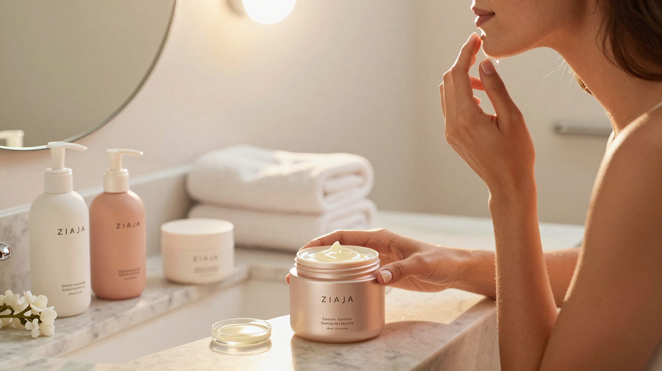 Mulher a aplicar creme hidratante no rosto numa casa de banho moderna, com produtos de beleza na bancada.