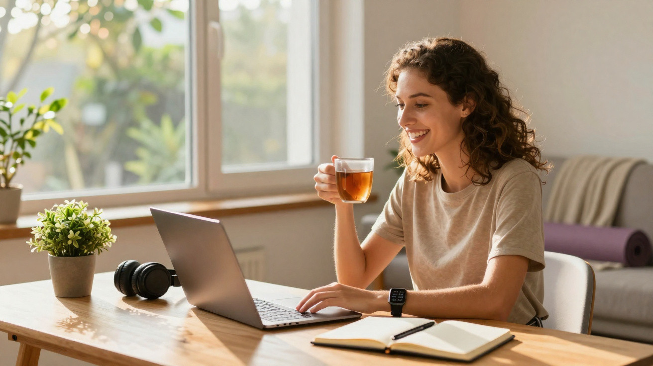 Mulher jovem sentada à secretária a usar computador portátil e a beber chá, com caderno e auscultadores ao lado.