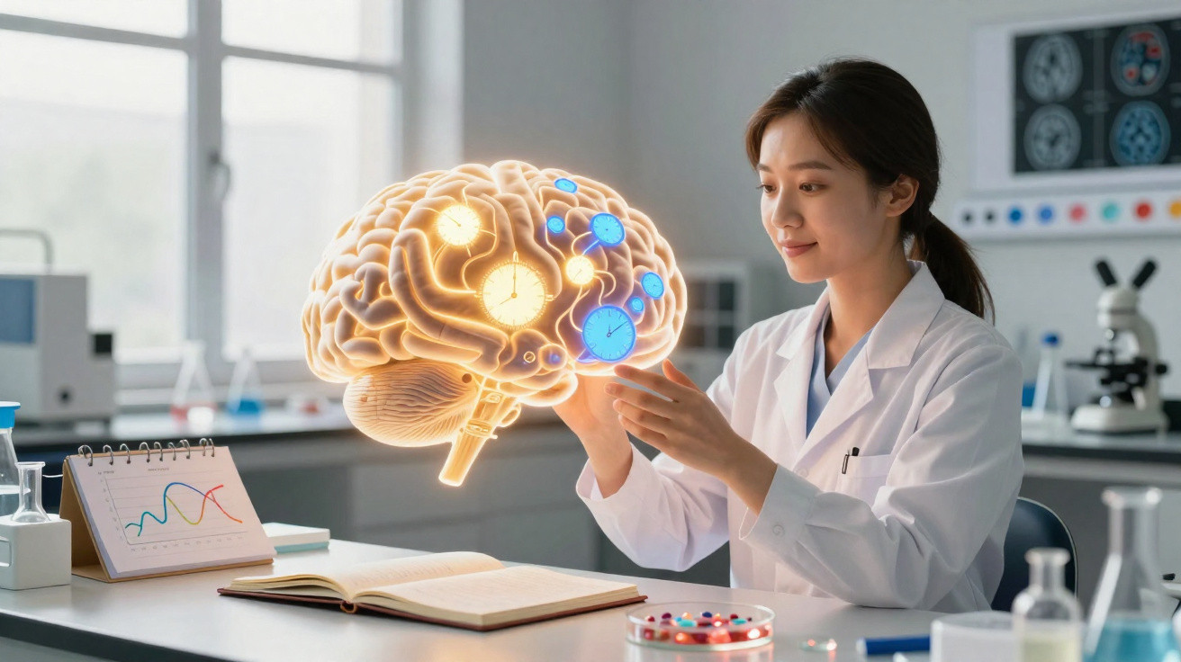 Cientista em laboratório analisa holograma de cérebro humano com ícones de relógios integrados.