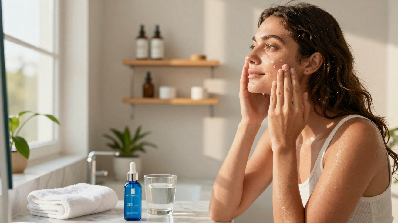 Mulher aplica creme facial num banheiro iluminado, com toalhas e frascos de produtos ao fundo.
