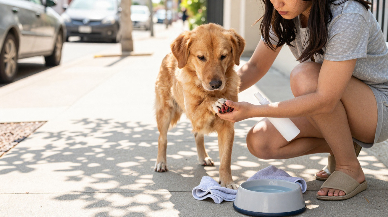 Mulher trata da pata ferida de cão dourado numa calçada urbana, com bebedouro e toalha no chão.
