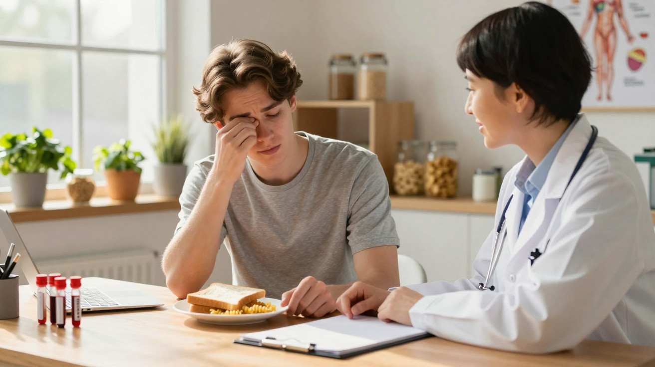 Homem jovem sentado a conversar com médica num consultório, com comida e tubos de ensaio na mesa.