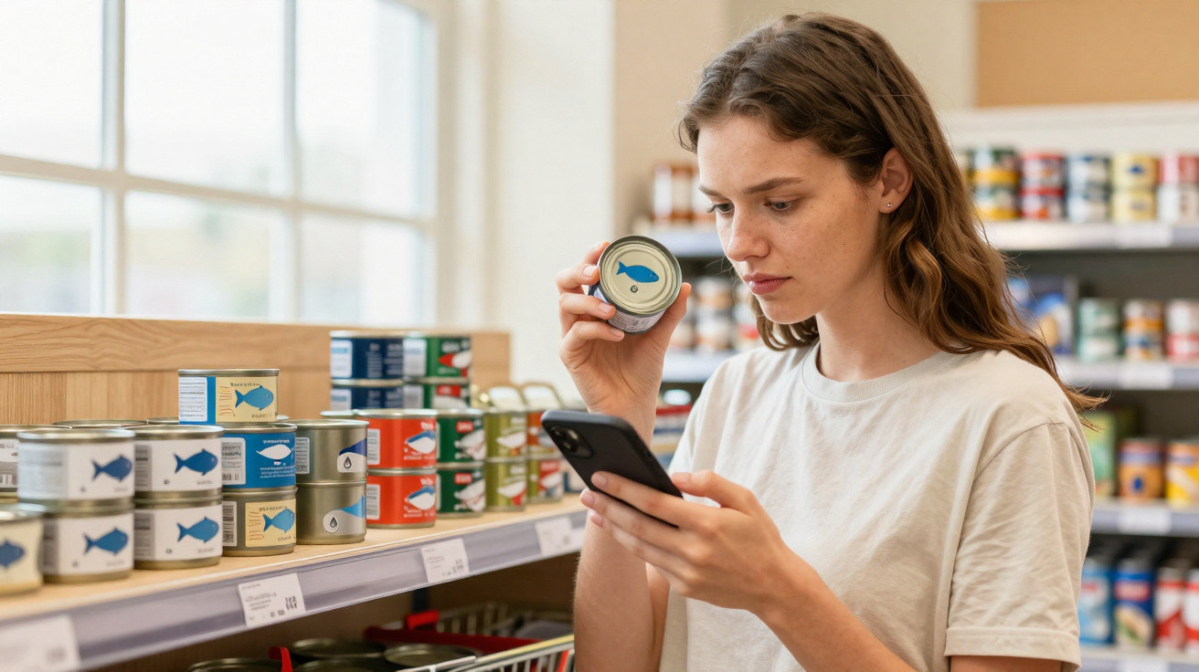 Mulher em supermercado segura lata de peixe e consulta telemóvel enquanto escolhe produtos enlatados na prateleira.