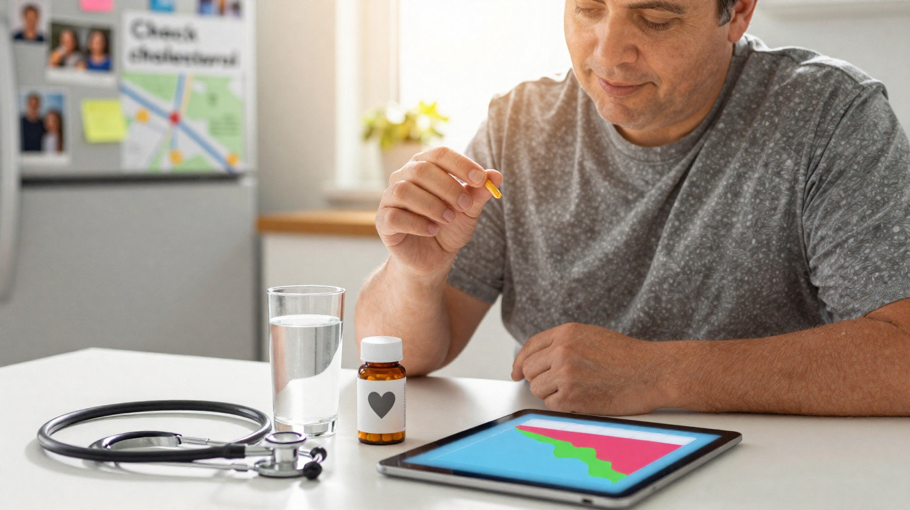 Homem a tomar comprimido sentado à mesa com tablet, frasco de remédio, copo de água e estetoscópio.
