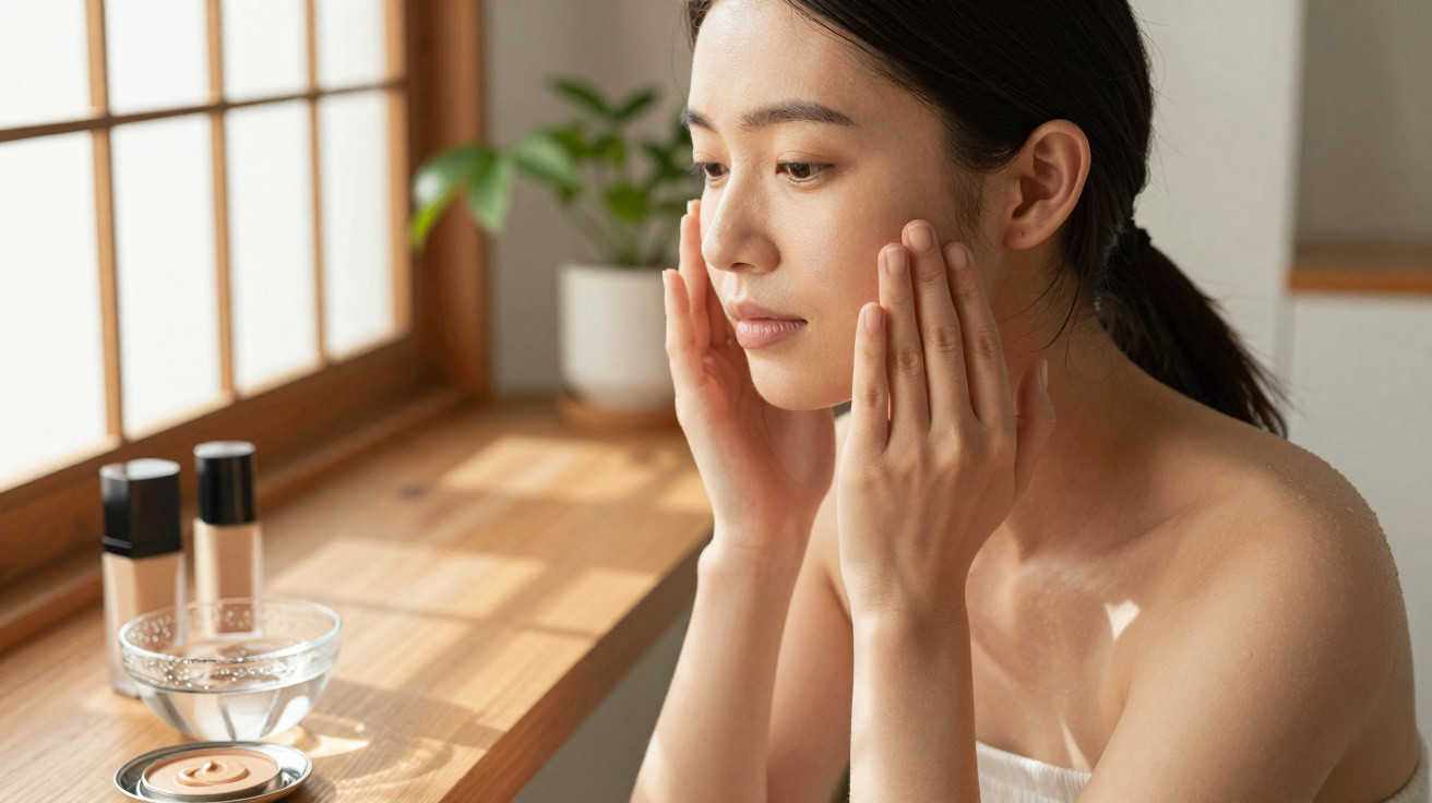 Mulher a aplicar creme facial com frascos de maquilhagem num aparador em ambiente luminoso.