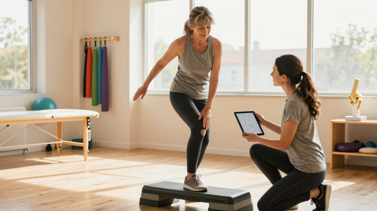 Mulher mais velha faz exercício com step enquanto fisioterapeuta observa e segura um tablet numa sala iluminada.
