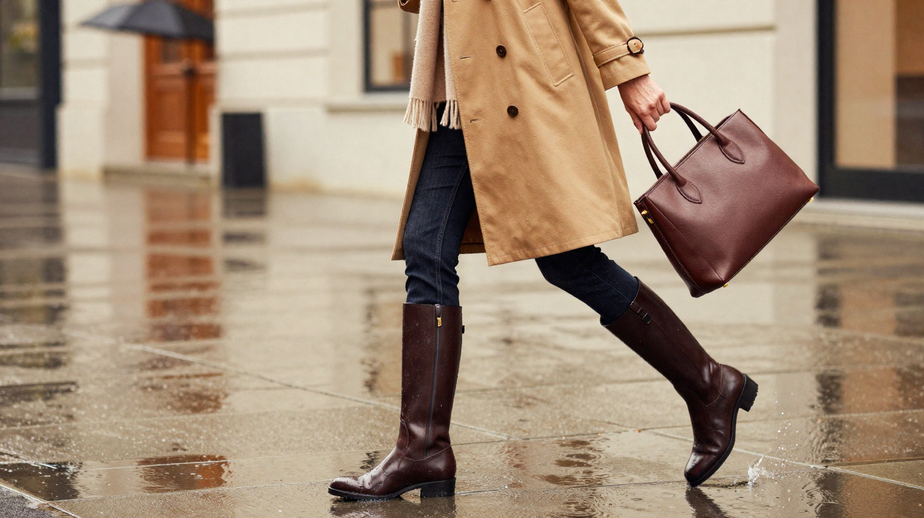 Pessoa a caminhar com casaco bege, botas castanhas e a levar mala castanha num dia de chuva.