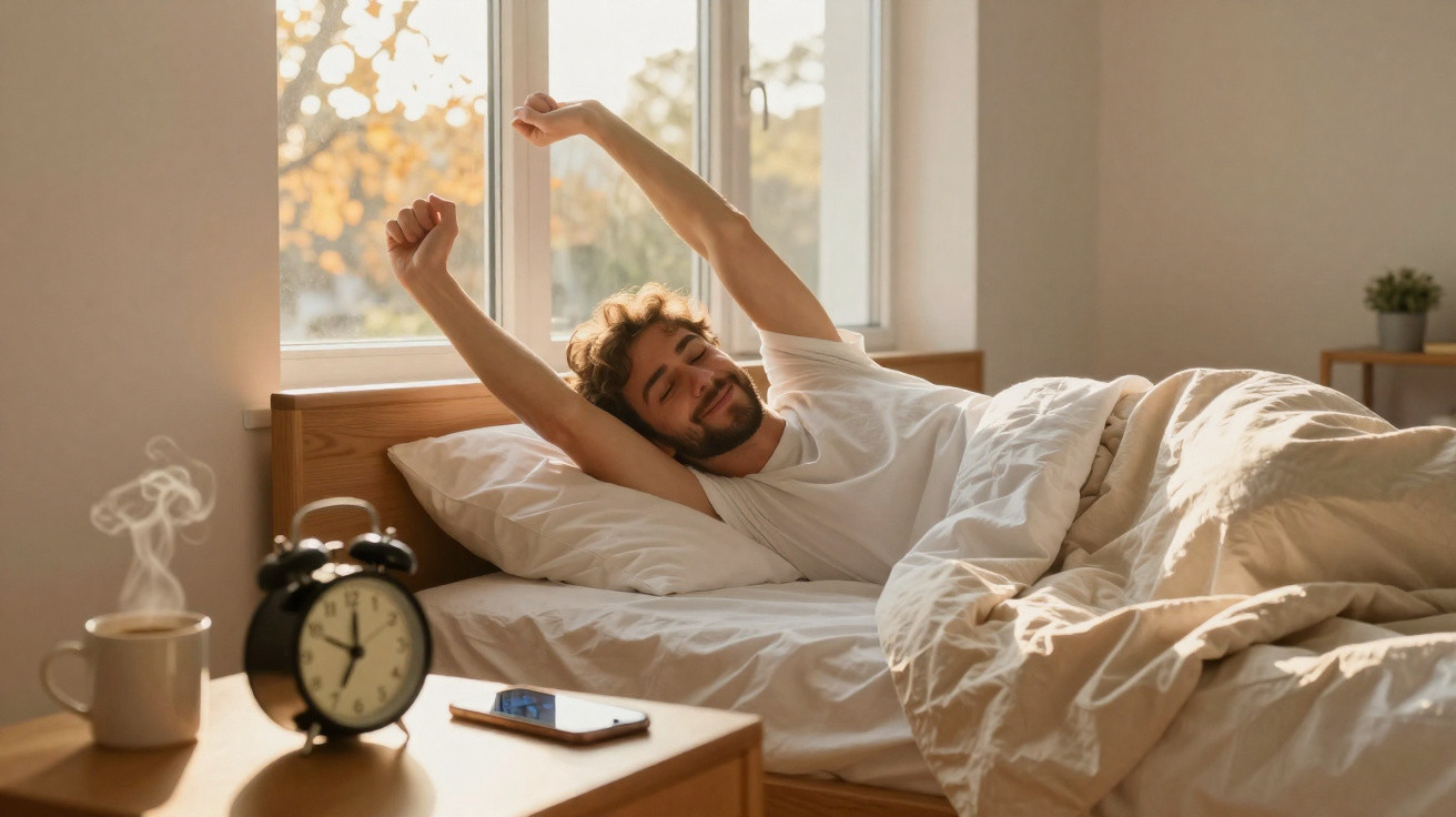 Homem a espreguiçar-se na cama ao acordar, com luz natural pela janela e uma mesa com café e despertador.