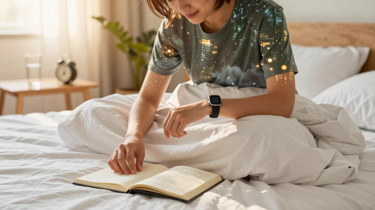 Mulher deitada na cama a ler um livro, com luz natural e relógio inteligente no pulso.