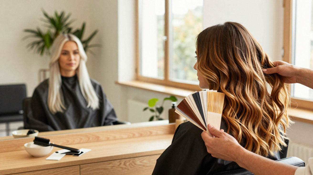 Mulher loira sentada no salão de cabeleireiro com profissional comparando tons de cabelo ao espelho.