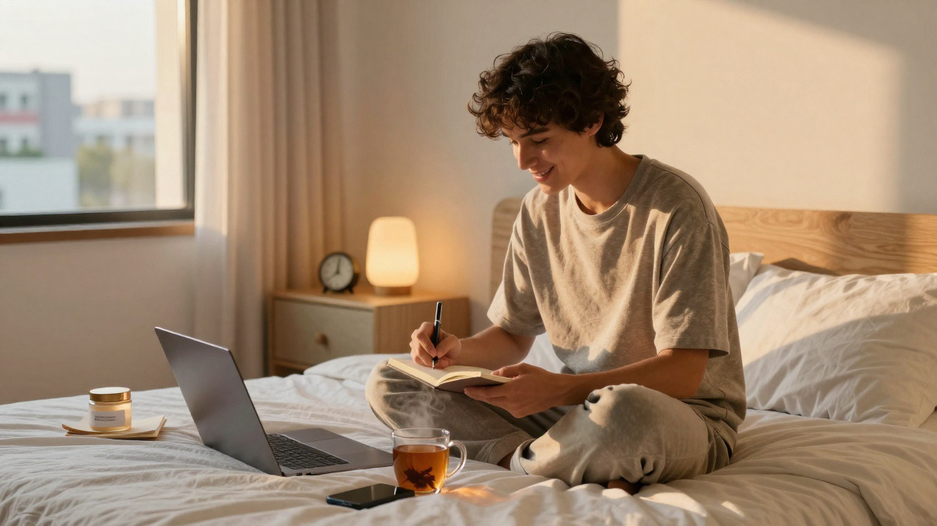 Jovem sentado na cama a escrever num caderno, com computador portátil, chá e telemóvel na cama.