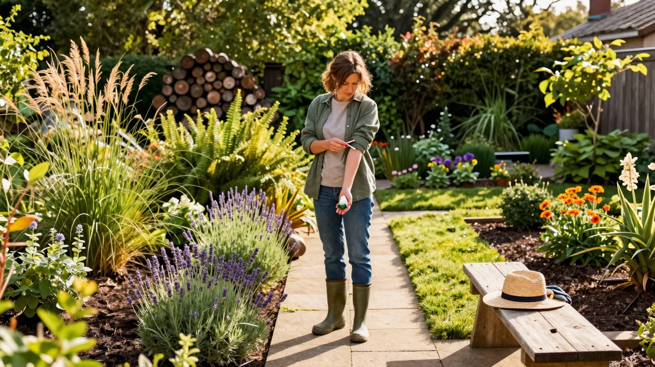 Mulher com roupa casual e botas de borracha rega plantas num jardim florido sob luz natural.