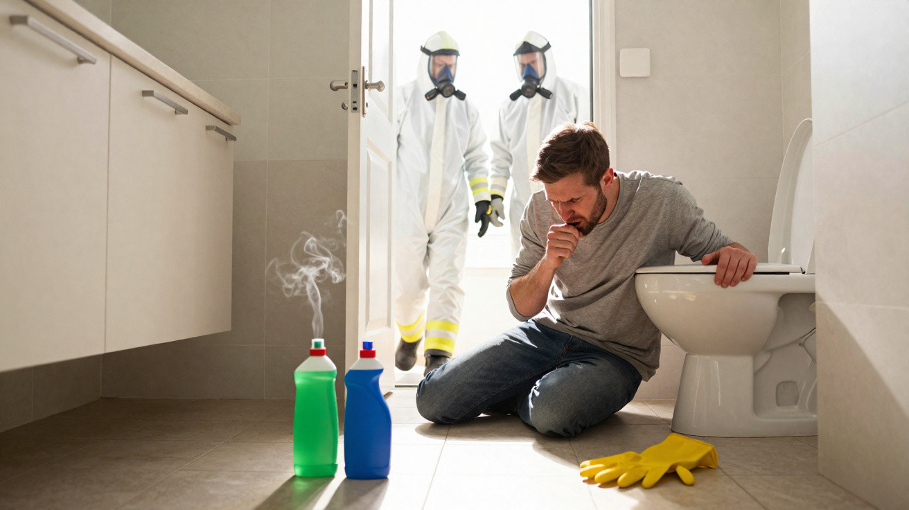 Homem agachado na casa de banho a tossir, perto de produtos químicos com vapor e dois técnicos em proteção a entrar.