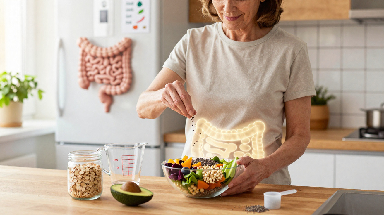 Mulher a preparar uma salada saudável na cozinha com destaque gráfico do sistema digestivo iluminado.