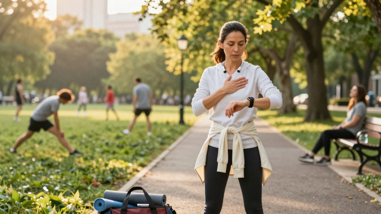 Mulher num parque a medir o pulso, rodeada por pessoas a exercitarem-se ao ar livre ao entardecer.