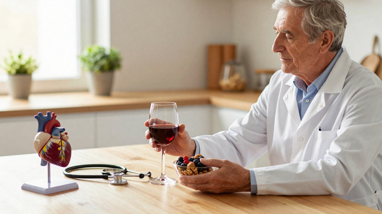 Médico idoso vestido de branco segura taça de vinho tinto e tigela de frutos secos junto a modelo anatómico de coração.
