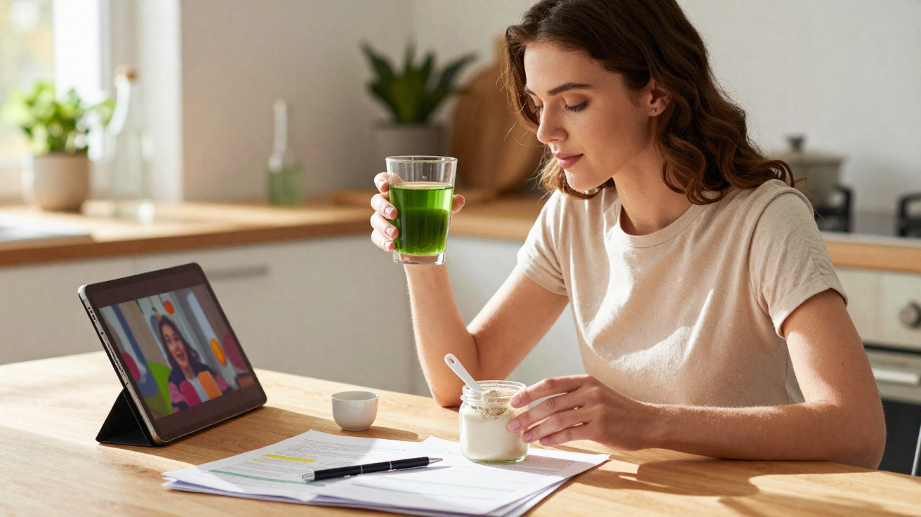 Jovem mulher na cozinha a beber sumo verde e a estudar com tablet e documentos à sua frente.