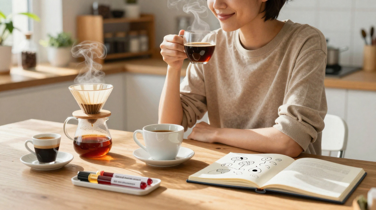 Pessoa sentada numa cozinha a beber café, com livro aberto e máquina de café filtrado na mesa.