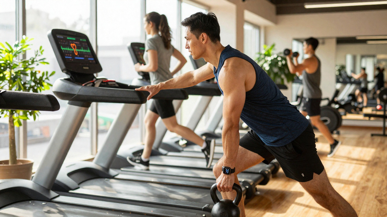 Homem a fazer exercício com kettlebell na academia enquanto outras pessoas correm na passadeira.