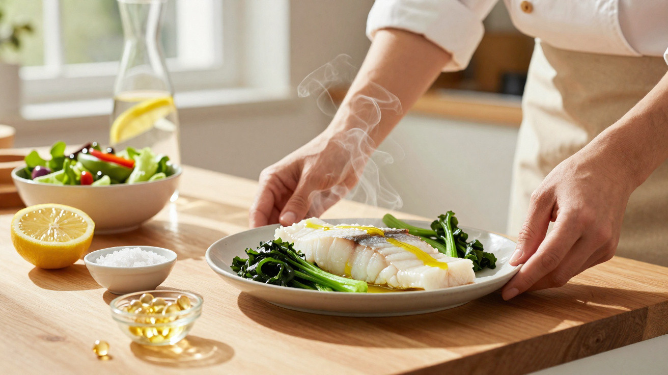 Pessoa a servir prato de peixe com legumes verdes e vapores numa cozinha iluminada.