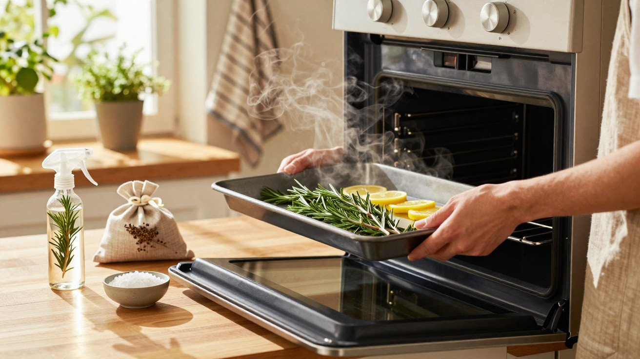 Pessoa a colocar tabuleiro com limão e alecrim fumegante no forno numa cozinha iluminada.
