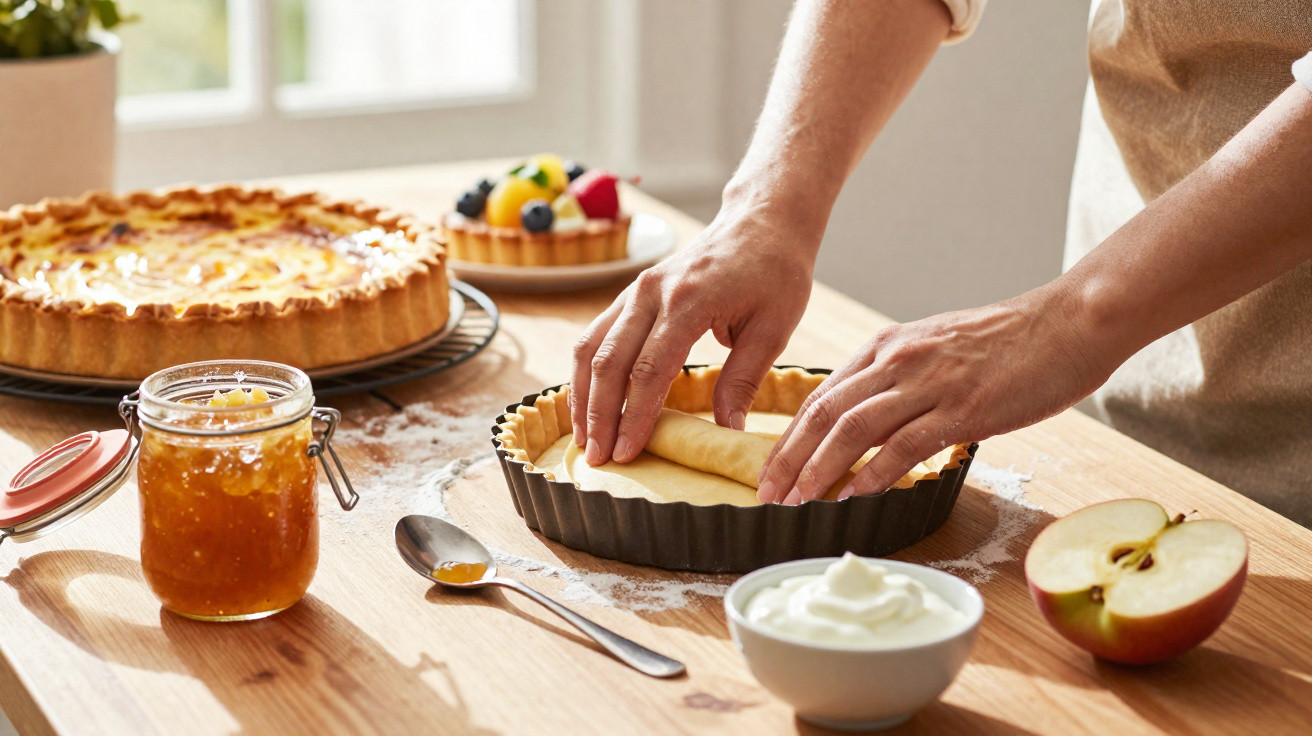 Pessoa a enrolar massa numa forma para tarte, com torta, compota, iogurte e maçã ao lado numa mesa de madeira.